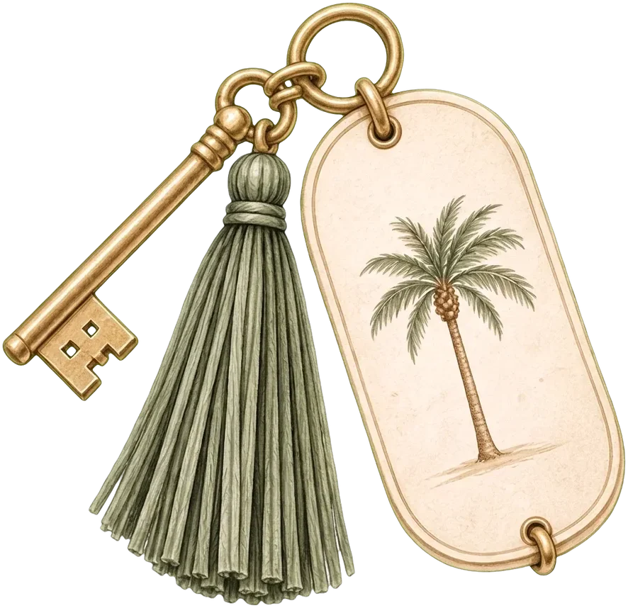 A brass key with a palm-tree tag and green tassel