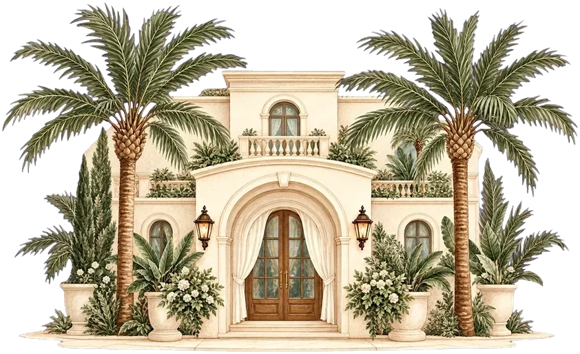 A cream villa with arched doors among palm trees