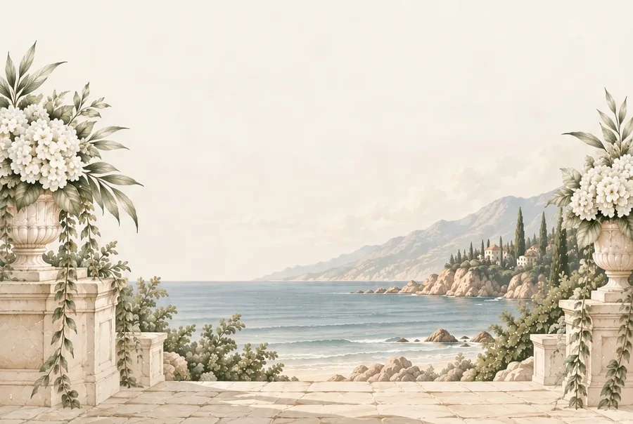 A stone terrace with white hydrangea urns overlooking the sea
