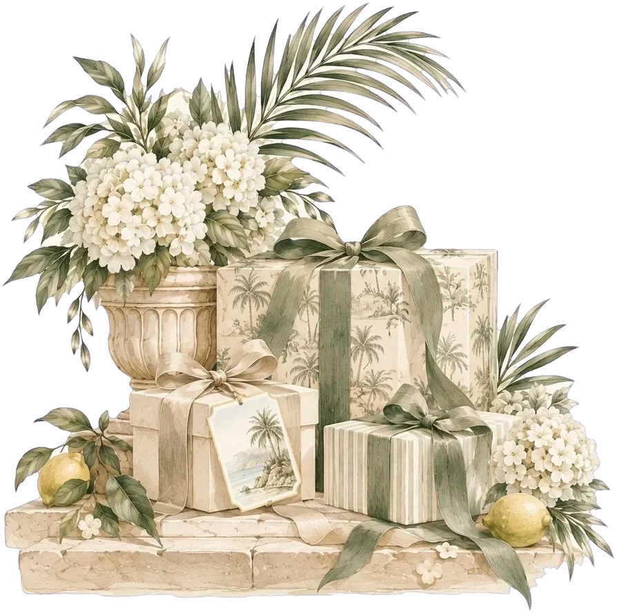 A stack of wrapped gifts with hydrangeas and lemons