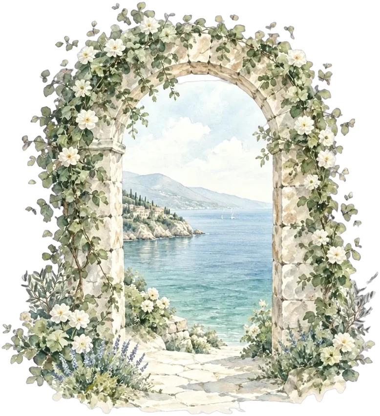 A flowered stone arch framing a view of the sea