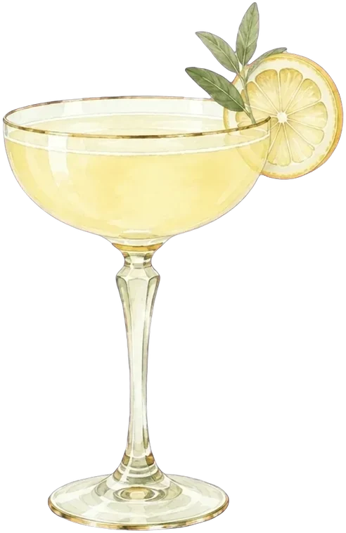 A coupe of lemon cocktail with a lemon slice