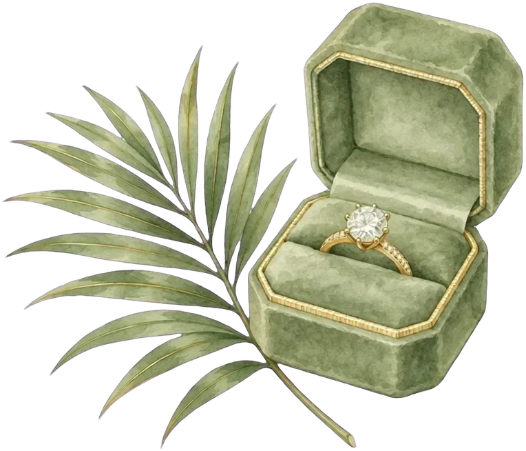 A ring in an open green velvet box beside a palm leaf