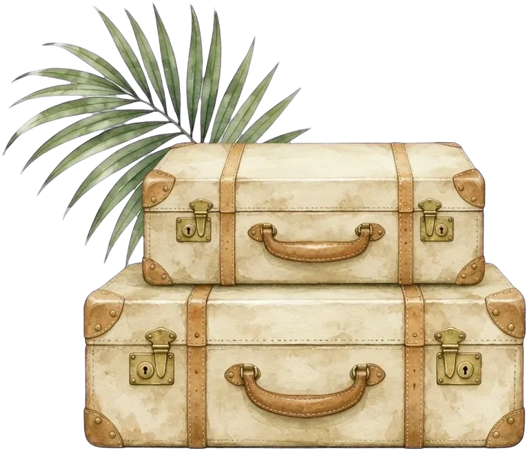Two vintage suitcases with a palm frond
