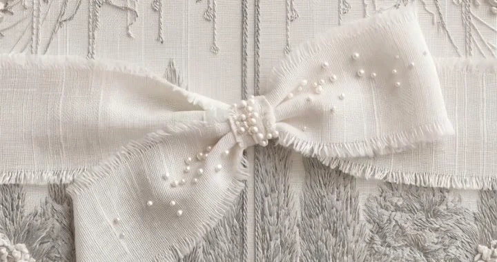 An ivory linen bow decorated with seed pearls, tied across embroidered doors