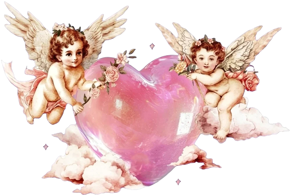 Two cherubs on pink clouds holding a glossy pink heart