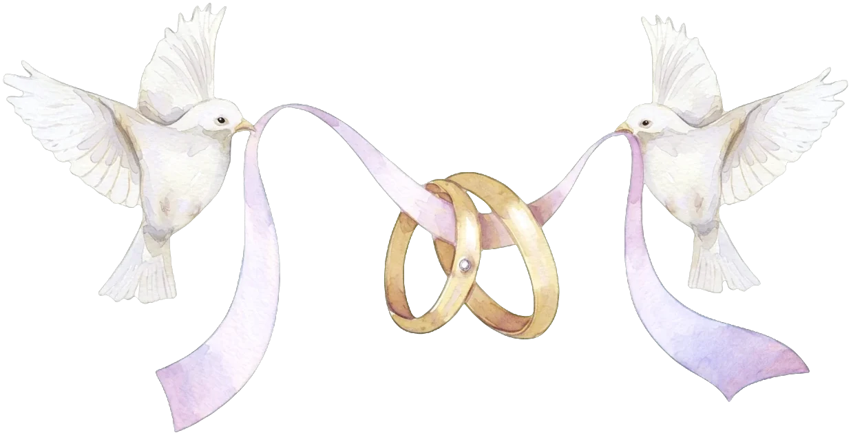 Two white doves carrying a ribbon threaded with golden wedding rings