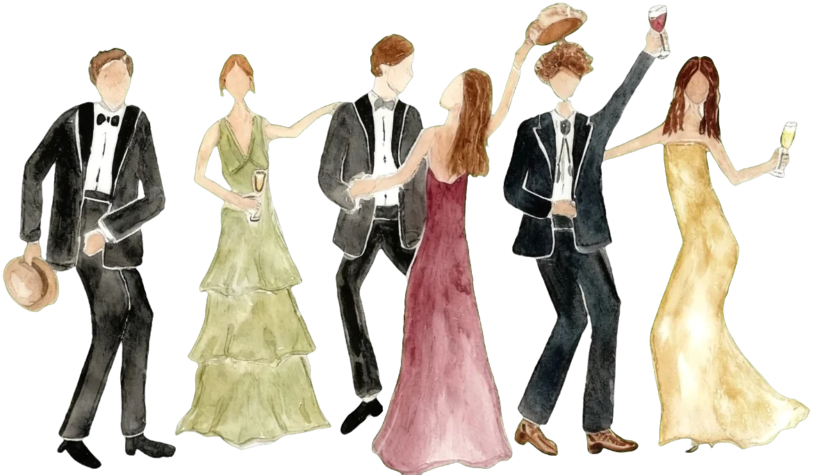 Illustration of wedding guests in tuxedos and soft-coloured gowns