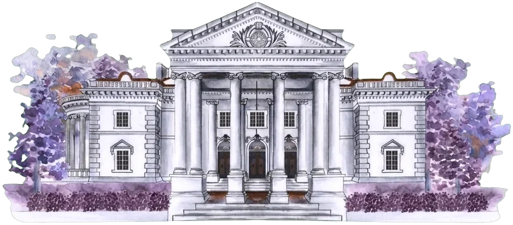 A white columned villa surrounded by lilac wisteria