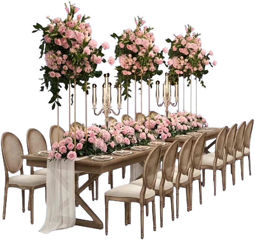 A long wooden dinner table crowned with tall pink floral arrangements