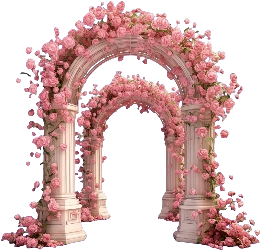 A double arch covered in pink roses