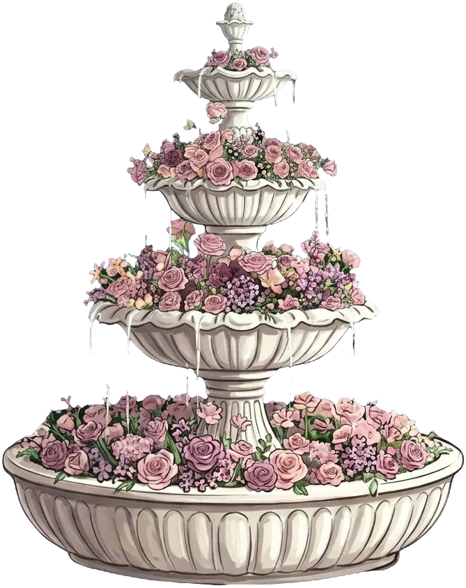 A tiered white fountain overflowing with pink roses