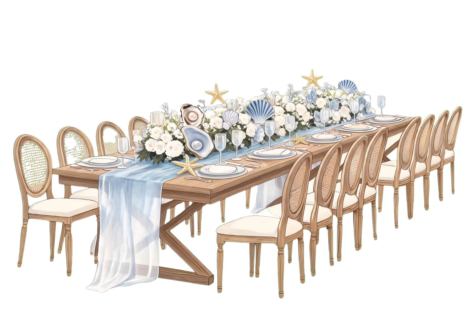 A long dinner table dressed in white flowers, blue linen and starfish