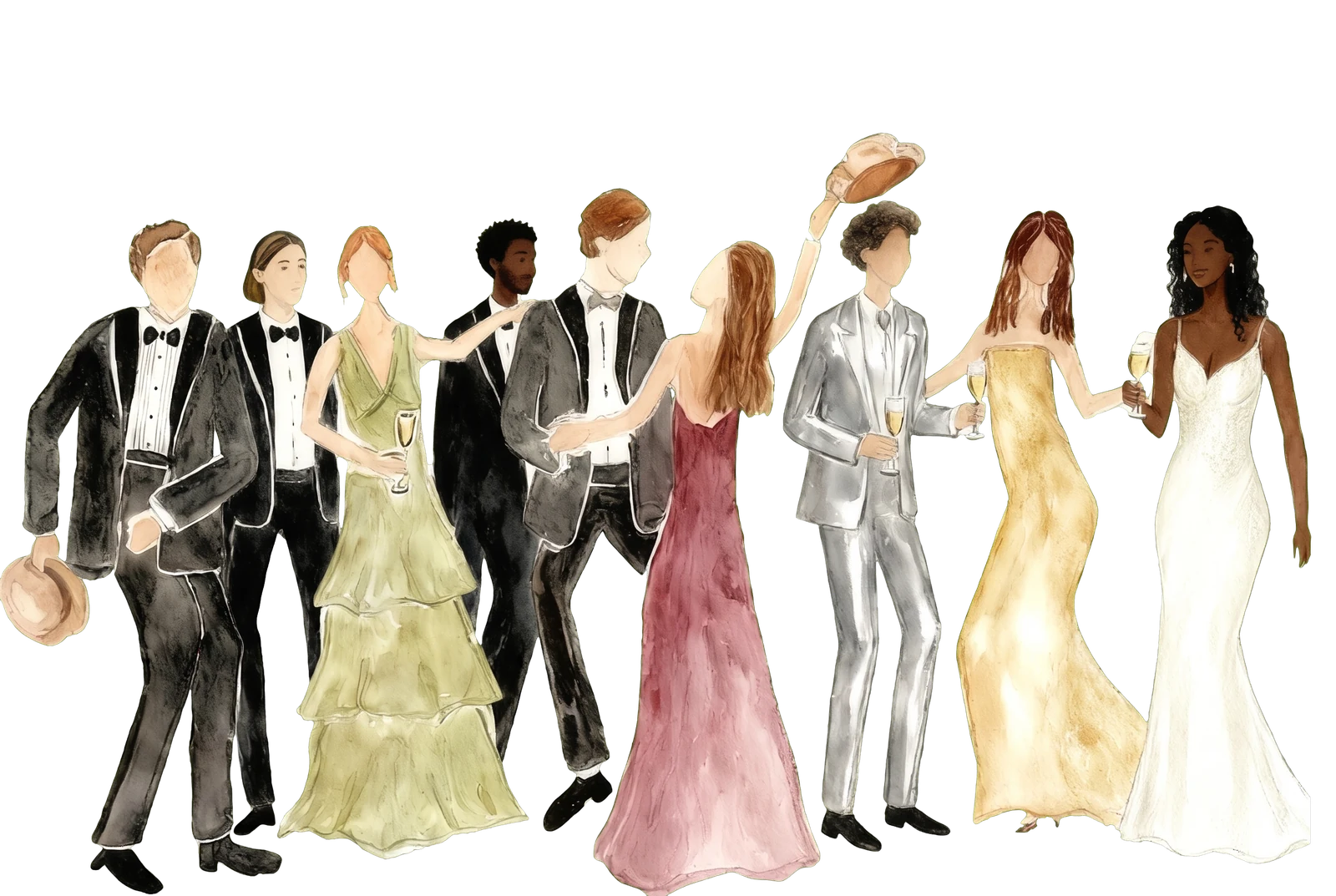 Illustration of wedding guests in tuxedos, suits and flowing gowns