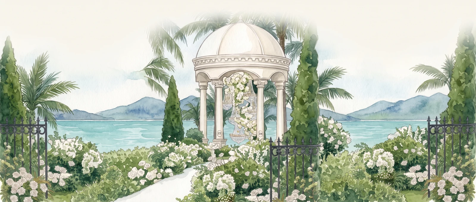Illustration of a white garden gazebo among palms, overlooking a turquoise bay