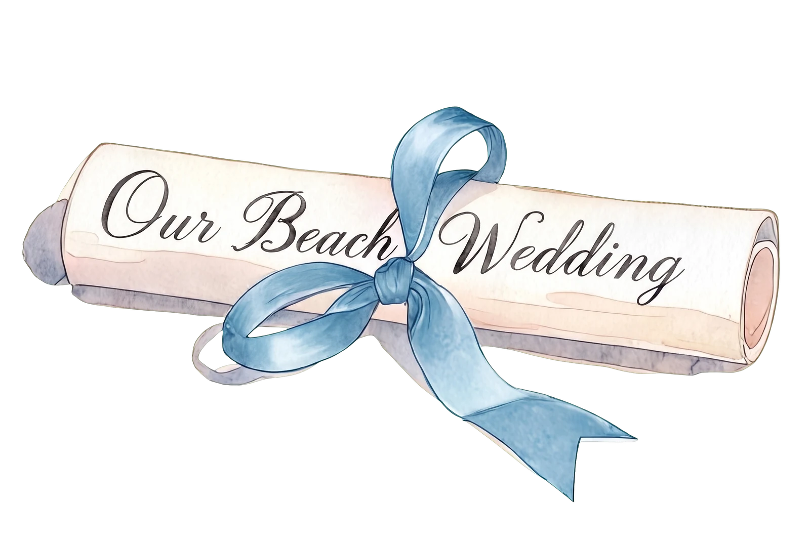 A scroll tied with a blue ribbon reading &ldquo;Our Beach Wedding&rdquo;