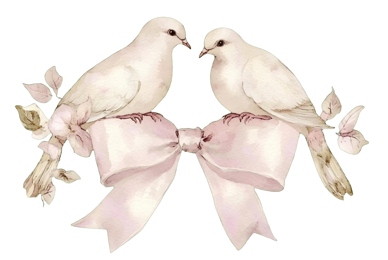 Two white doves perched on a pink silk bow