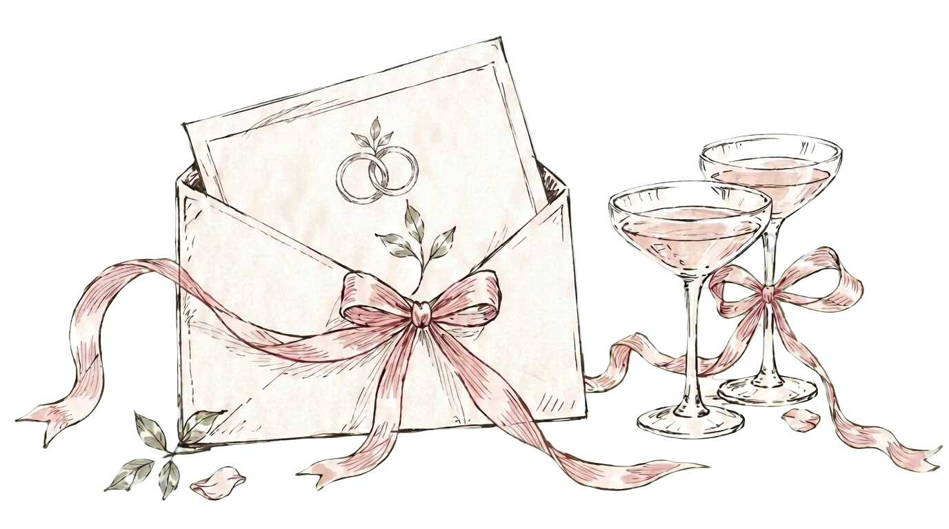 An invitation tucked in an envelope with a pink ribbon, beside two glasses of champagne