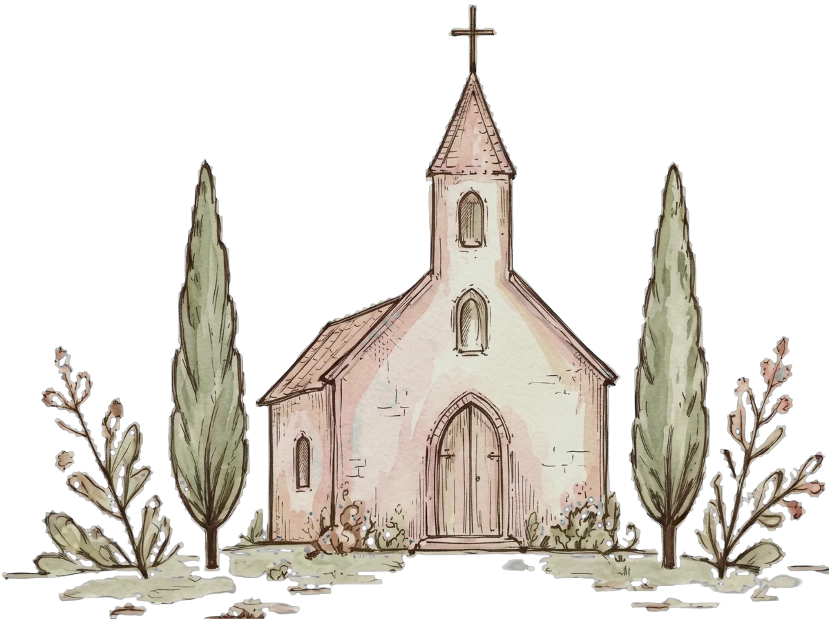 A small pink chapel between cypress trees