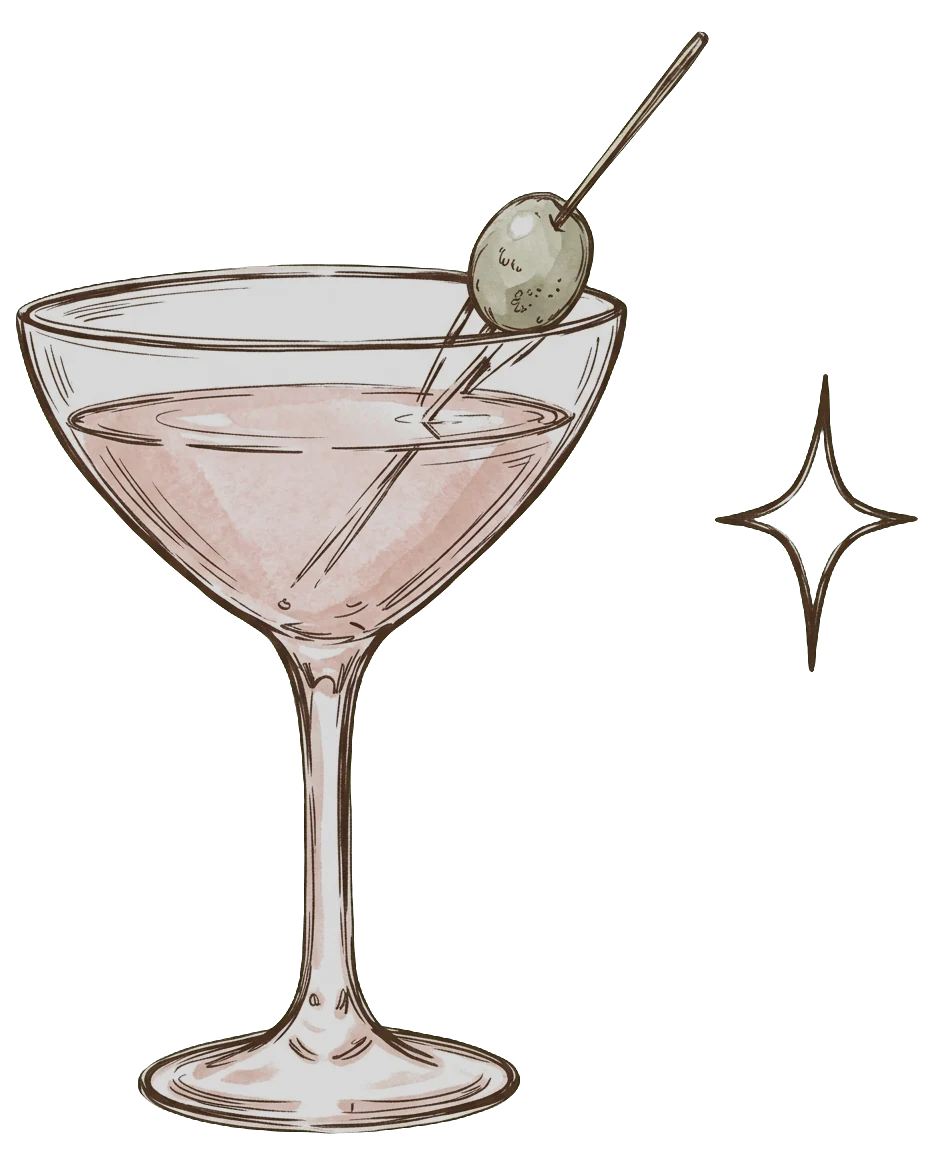 A pink cocktail with an olive