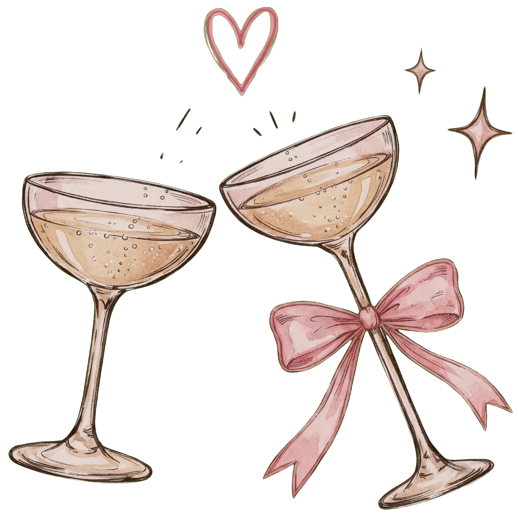 Two champagne glasses clinking, one tied with a pink bow