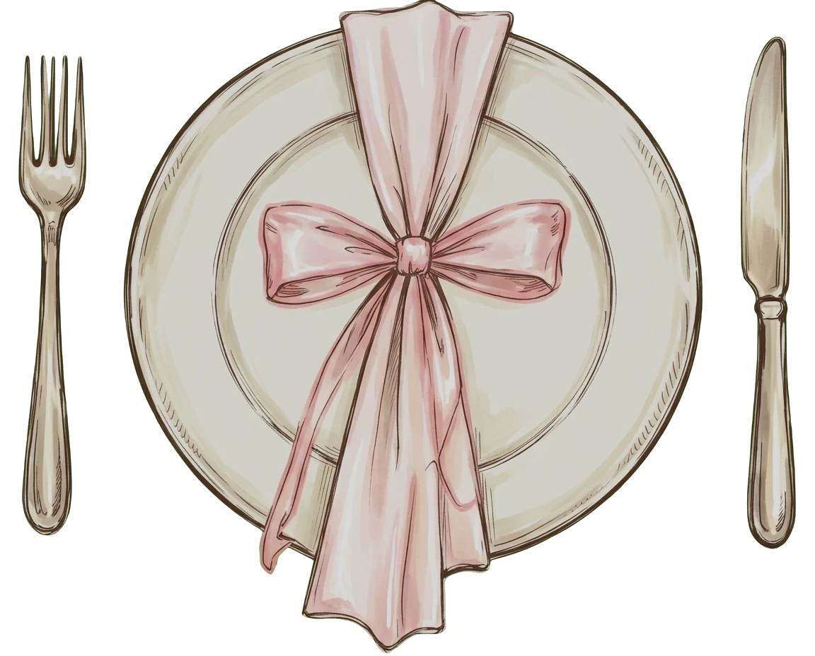 A place setting with a plate tied in a pink ribbon