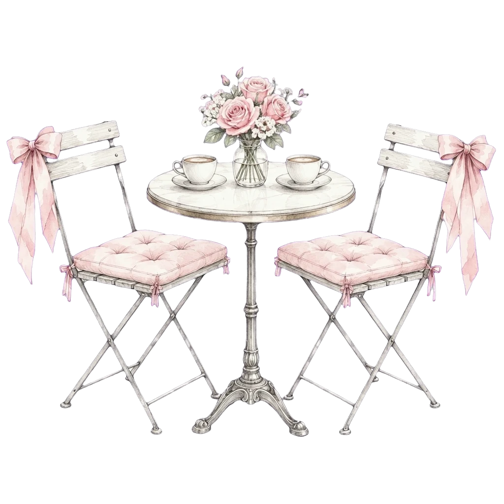 A little caf&eacute; table for two with pink-bowed chairs and roses