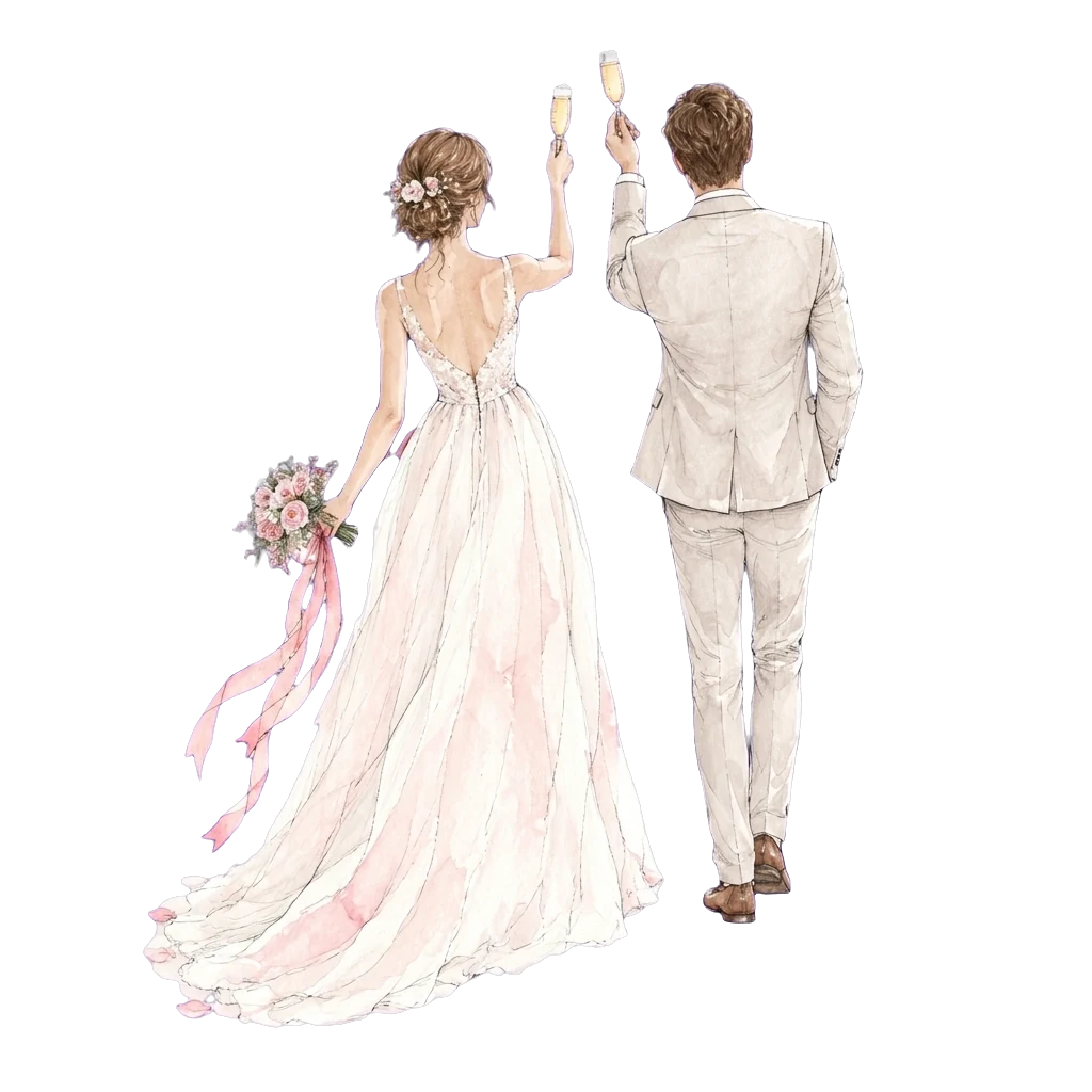 Illustration of a bride and groom walking away, raising their glasses