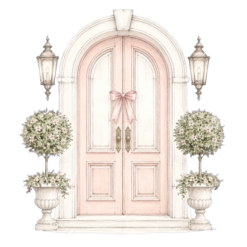 A blush-pink double door framed with topiaries and lanterns
