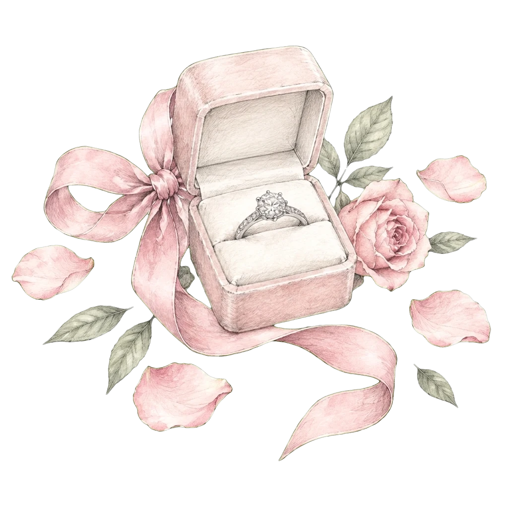 An open ring box with a diamond ring, ribbon and rose petals
