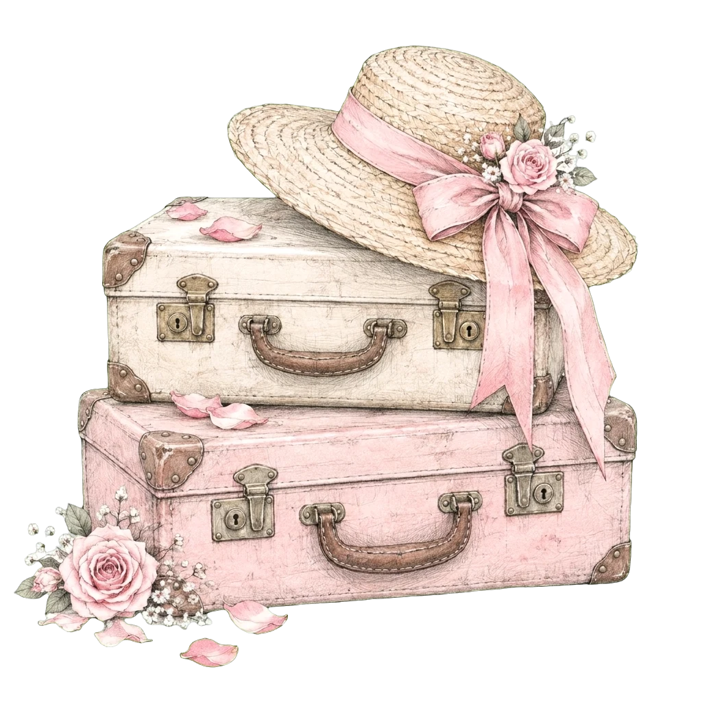 Stacked vintage suitcases with a straw hat and pink ribbon