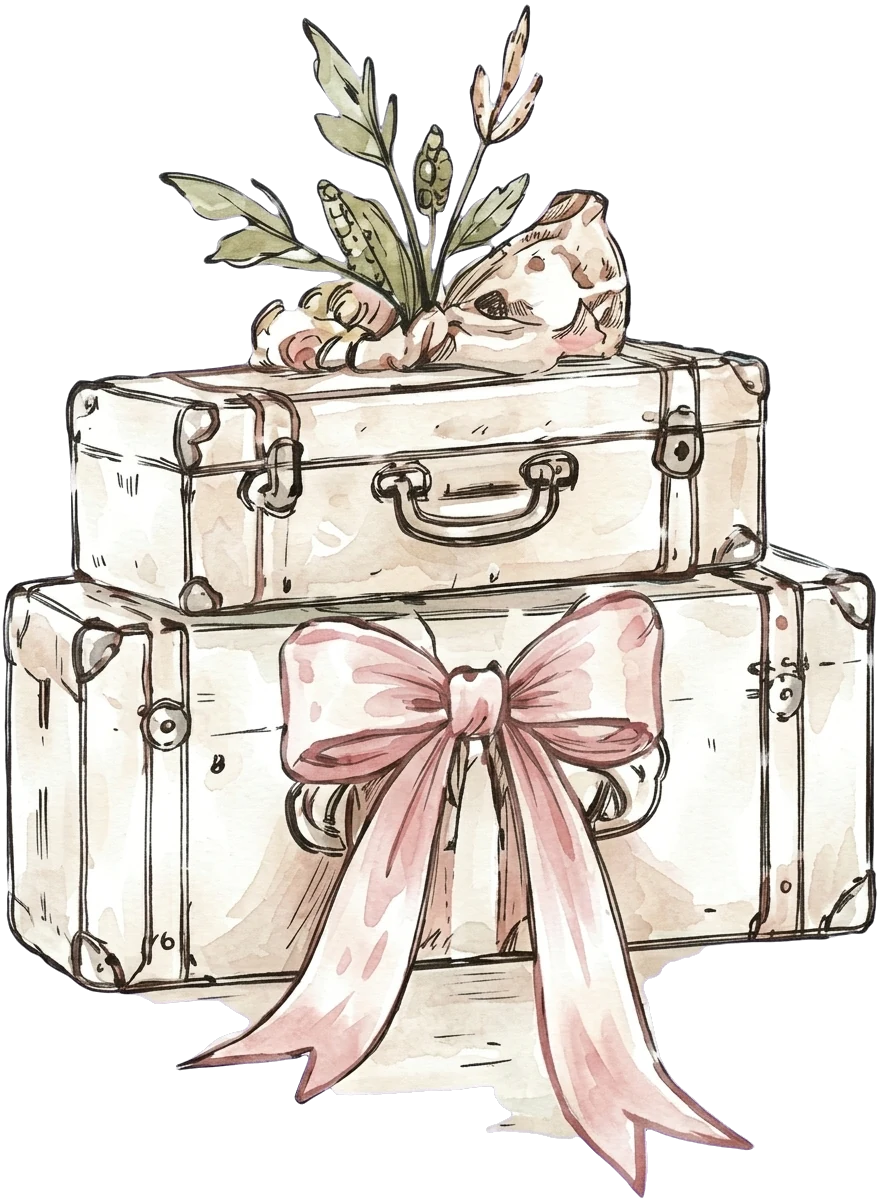 Cream suitcases tied with a pink bow and flowers