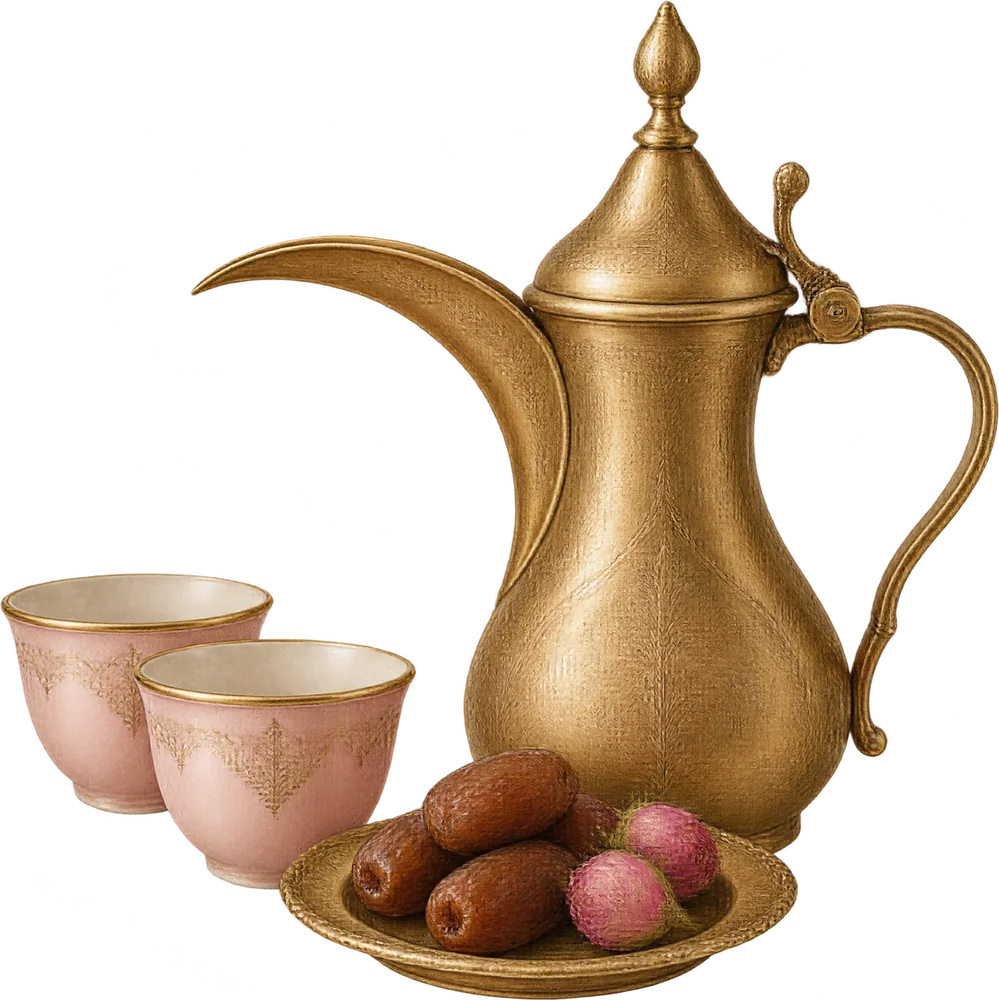 A gold coffee pot with two blush cups and a plate of dates