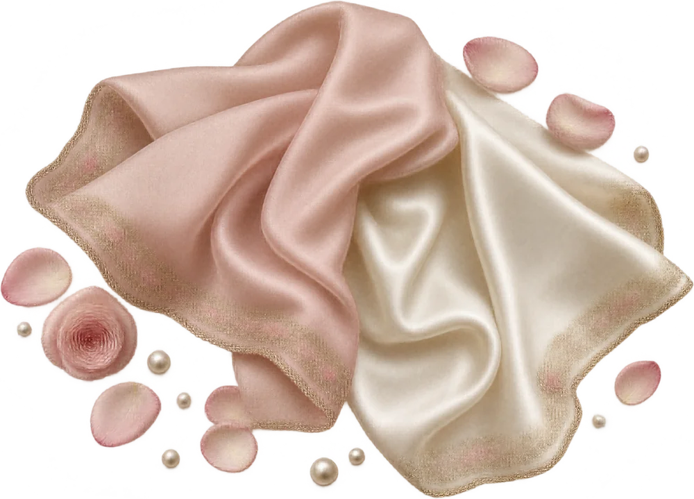 Folds of blush and ivory silk with rose petals and a few pearls