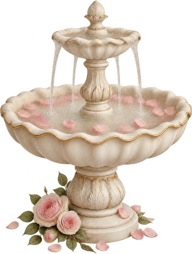 A tiered marble fountain with rose petals floating in its basin