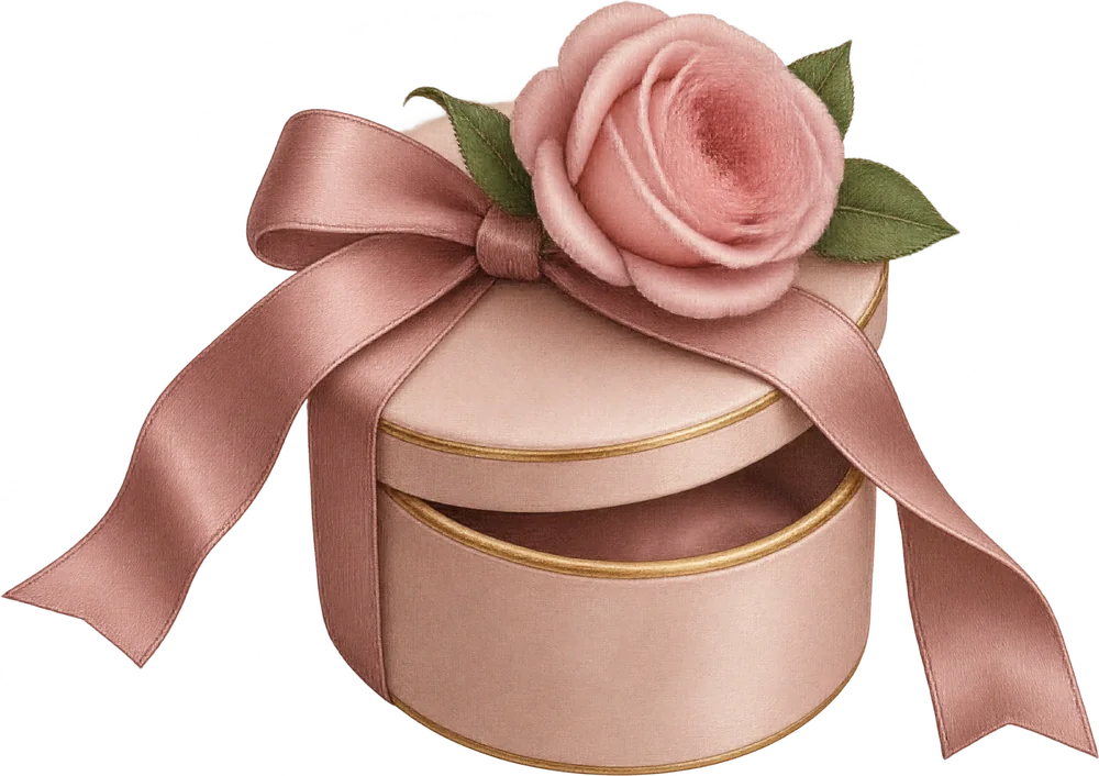 A blush gift box tied with a satin ribbon and a rose