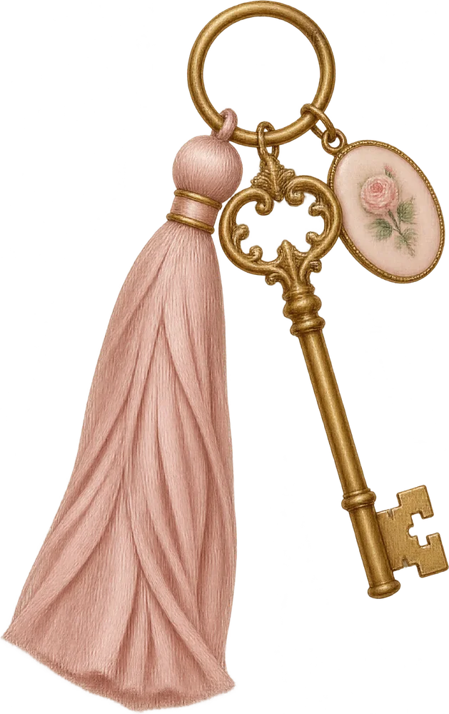 A gold key with a blush tassel