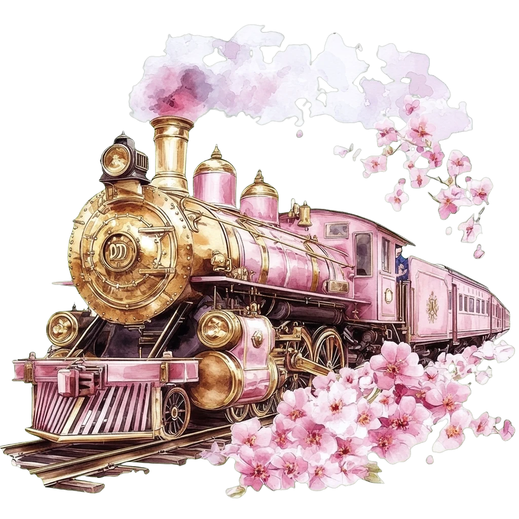 A pink and gold steam locomotive trailing pink cherry blossoms